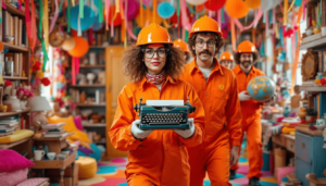 Three people in orange outfits and hard hats holding a typewriter in a colorful room with decorations.