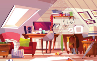 Colorful illustration of a messy attic home office with scattered papers and objects.