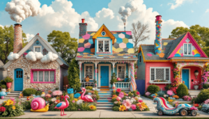 Three whimsical, brightly colored houses with floral decorations and oversized garden ornaments.
