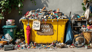 Overflowing dumpster labeled "Free Stuff" surrounded by assorted discarded items.