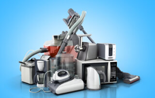 A colorful arrangement of various kitchen and household appliances, including a microwave, blender, vacuum, and toaster, on a blue background.