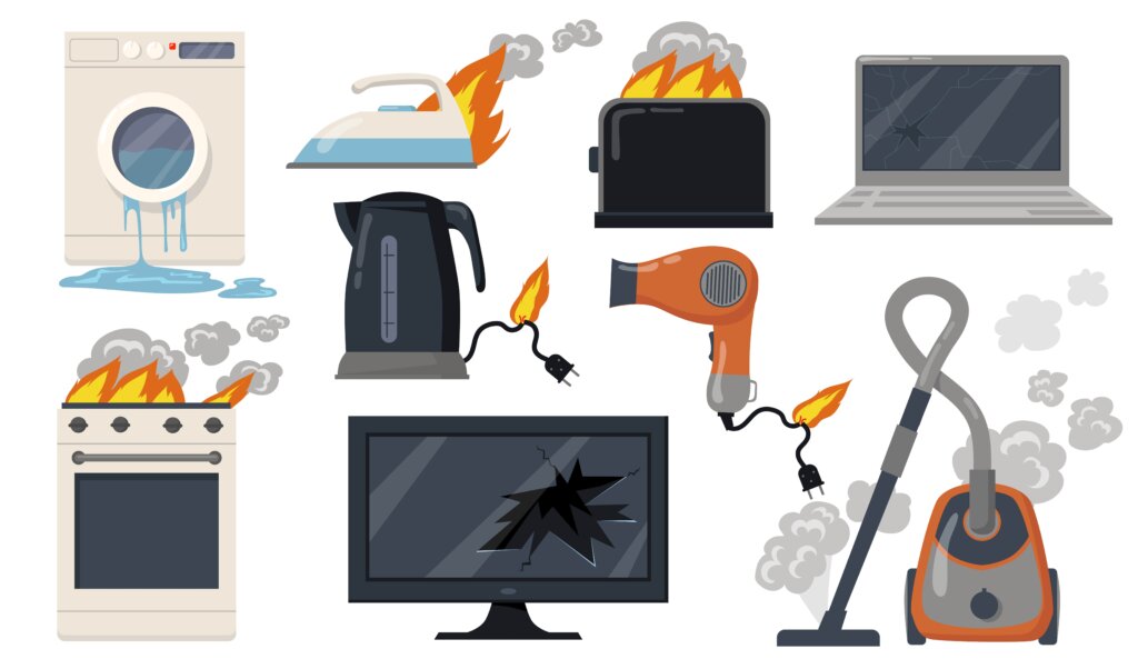 A collage of malfunctioning appliances, including a washing machine, kettle, and toaster, all experiencing smoke or flames.