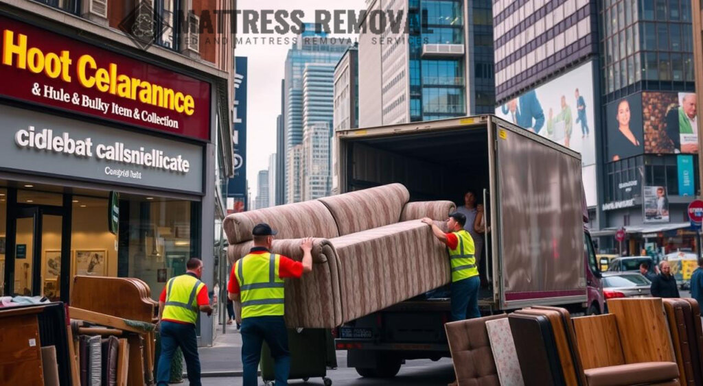 Two workers in reflective vests are lifting a large sofa into a moving truck in a bustling city street, surrounded by various furniture.