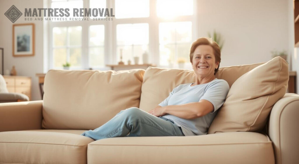 A person relaxes on a light beige sofa in a sunlit living room, with large windows and cozy decor visible in the background.