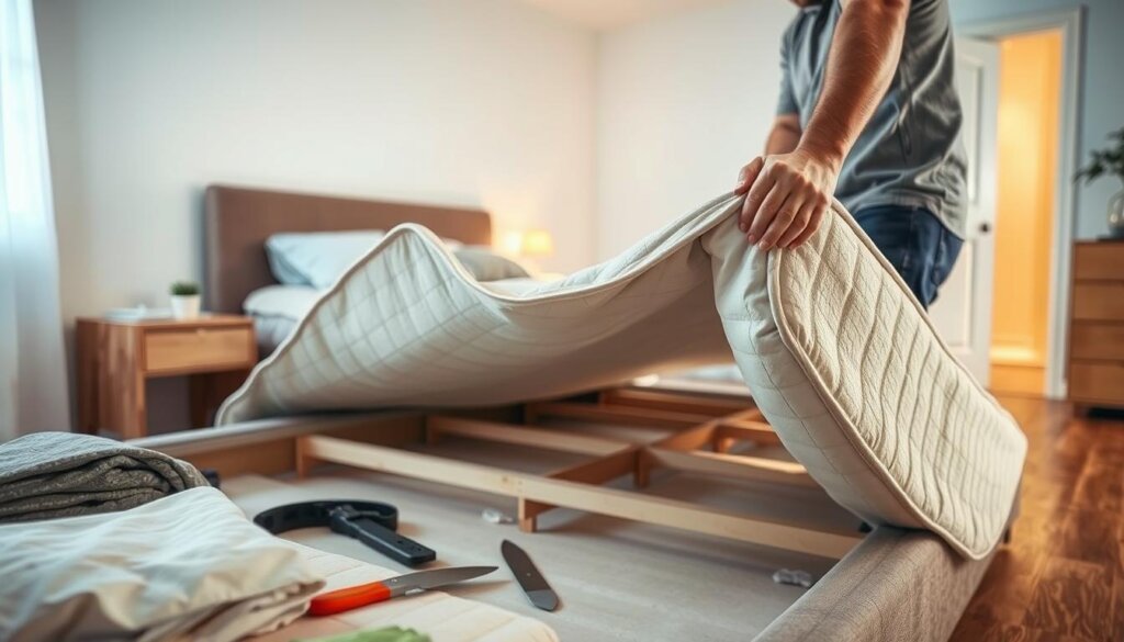 A person is lifting a mattress to place it on a bed frame in a softly lit bedroom, with tools and bedding visible nearby.