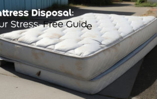 Two old mattresses stacked on the ground with a title overlay reading "Mattress Disposal: Your Stress-Free Guide."