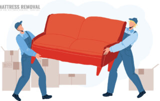 Two movers carry a bright red sofa, surrounded by packing boxes, promoting a mattress removal service.
