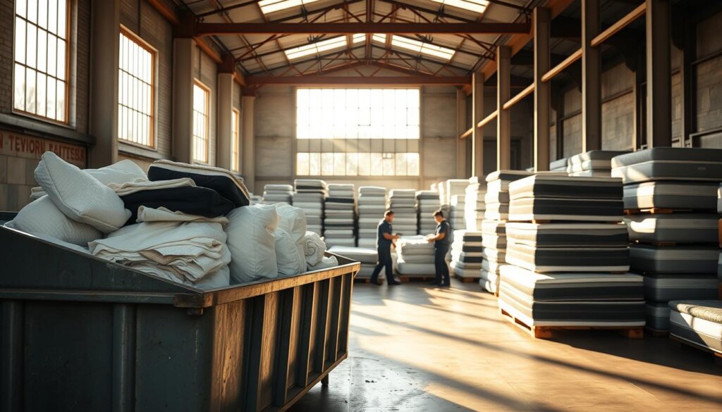 A spacious warehouse filled with stacked mattresses and a dumpster overflowing with linens, while workers handle bedding in the sunlight.