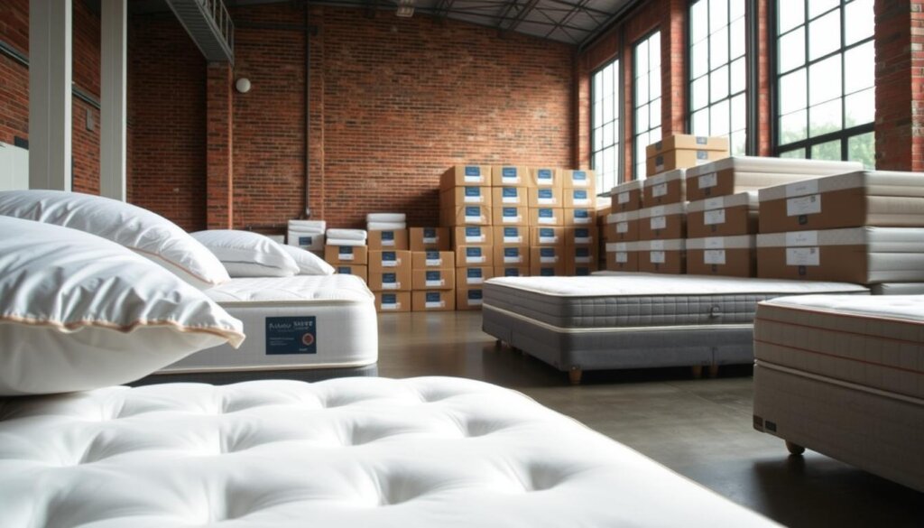 A spacious warehouse filled with various mattresses and neatly stacked boxes against a brick wall, illuminated by natural light.
