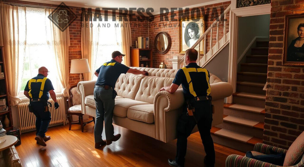 Three movers in uniforms carefully maneuver a large beige sofa through a cozy, well-lit living room with brick walls and curtains.