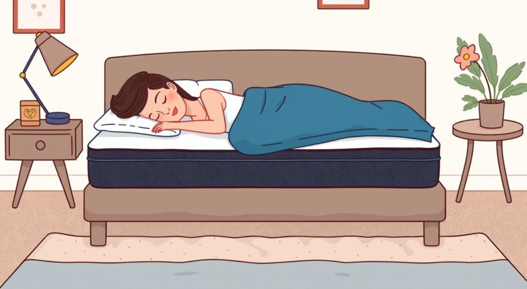 A woman sleeps peacefully on a bed, covered with a blue blanket, beside a nightstand and a potted plant in a cozy room.