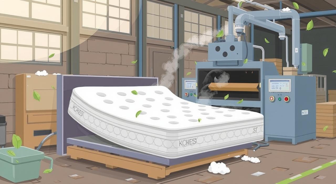 An industrial setting features a mattress on a conveyor, surrounded by green leaves, with steam rising from a nearby machine.