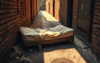 A discarded mattress with a rumpled sheet lies in a narrow, sunlit alley bordered by brick walls, surrounded by debris and shadows.