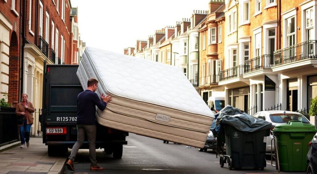 A man is lifting a large mattress out of a delivery truck on a city street, surrounded by residential buildings and trash bins.