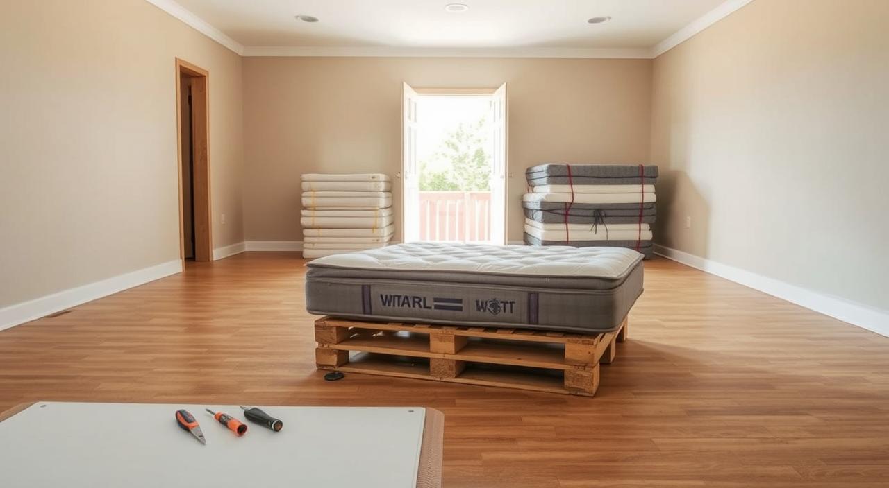 A spacious, empty room with a mattress on a pallet, stacked mattresses, and tools on the floor, illuminated by open double doors.