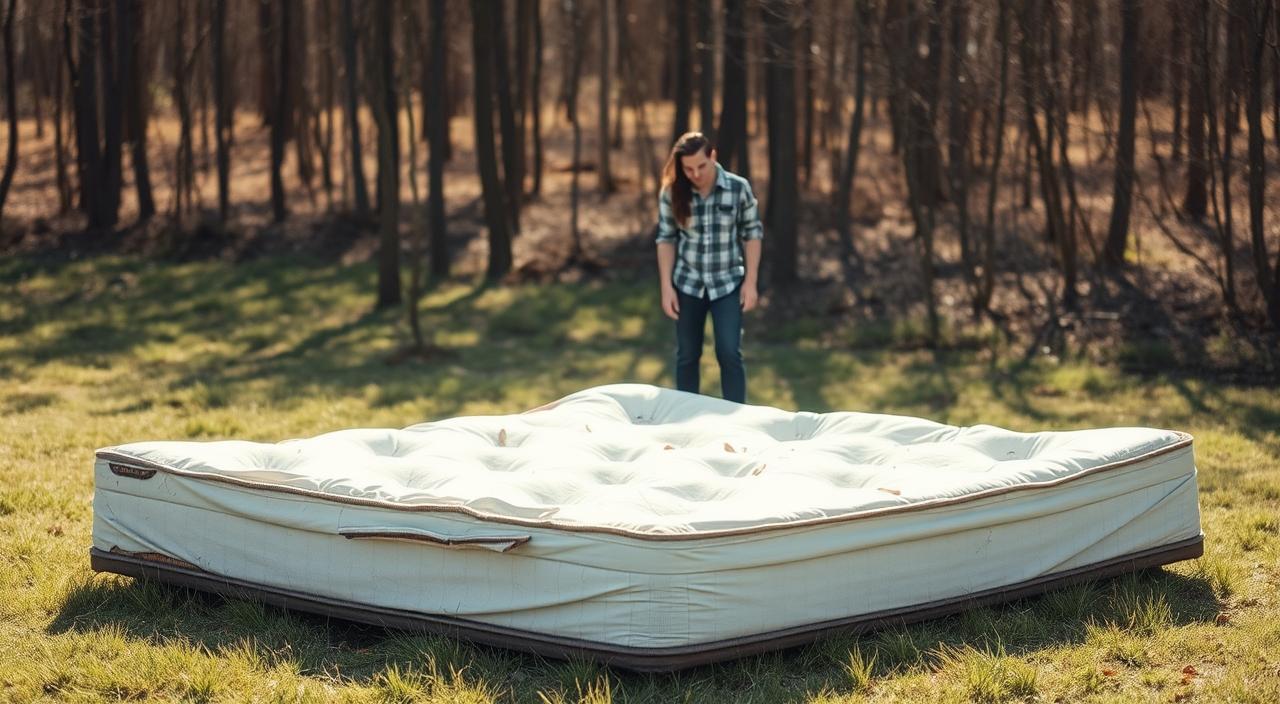 A person stands on grass near a large, worn old mattress surrounded by trees in a sunny outdoor setting.