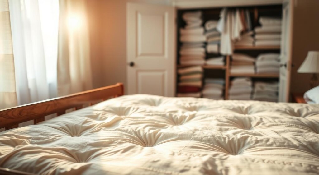 A neatly made bed with a tufted white mattress in a sunlit room, featuring a shelf filled with neatly stacked linens—perfectly styled to showcase a recent mattress replacement.