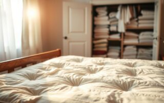 A neatly made bed with a tufted white mattress in a sunlit room, featuring a shelf filled with neatly stacked linens—perfectly styled to showcase a recent mattress replacement.