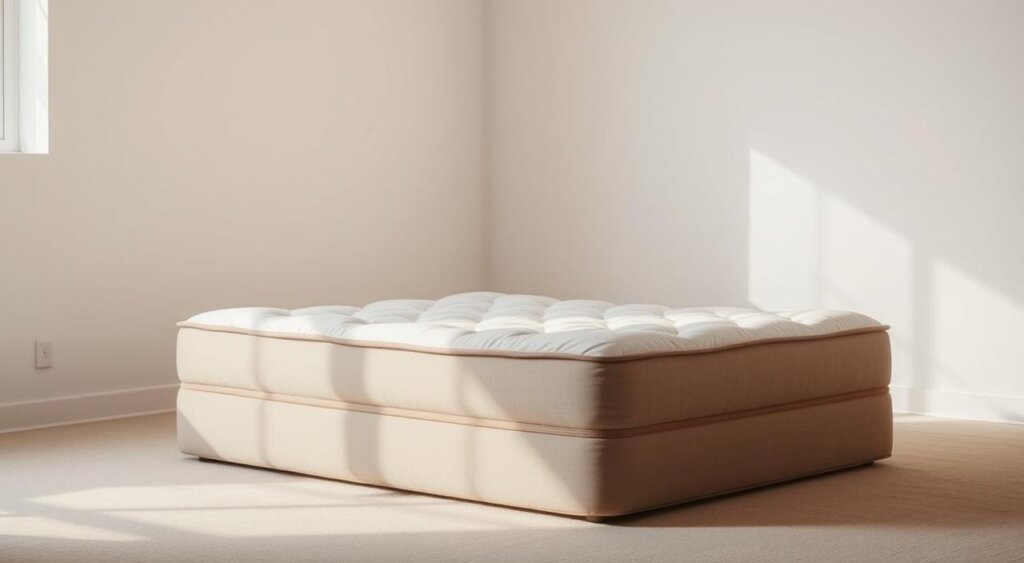 A spacious, sunlit room features a plush, cream-colored mattress with a tufted design, resting on a light beige carpet—an ideal setting for a refreshing mattress replacement.