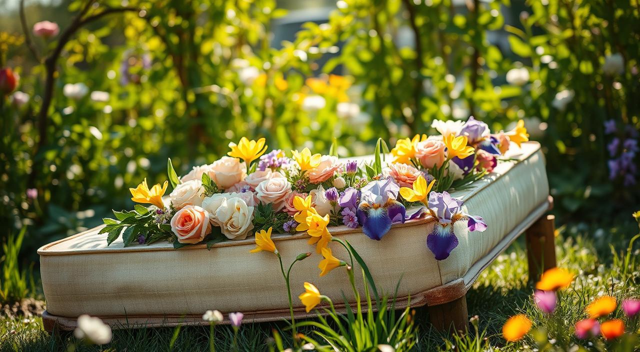 A softly cushioned bench adorned with blooming roses, irises, and yellow tulips amidst a vibrant garden.